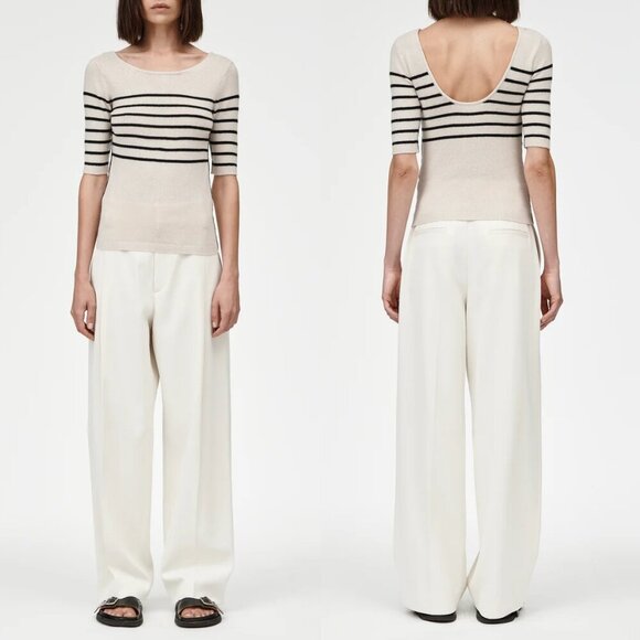 Maria McManus Cashmere Scoop Back Top in Crema with Black Stripe XS - Picture 1 of 8